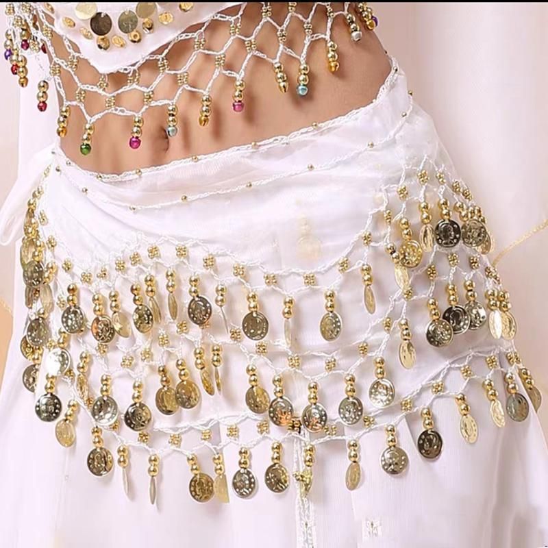 1X 3Rows Belly Dance Dancing Hip Scarf Belt Chain Skirt Golden Tone 98 Coin Bead - Rose Red