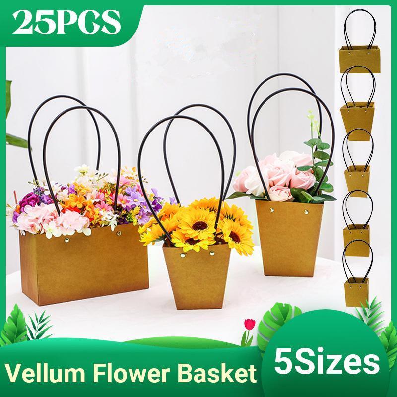 25x Kraft Paper Bag Flowers Waterproof Bouquet Basket Gift Box With Handle - 25PCS-Sq Small
