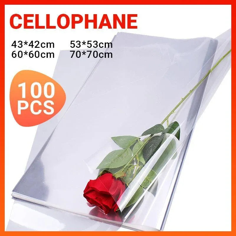 100X Clear Cellophane Wrap Rolls - 4 Sizes for Gifts & Bouquets - 100PCS-53*53CM