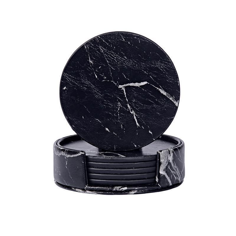 6x Coasters with Holder Marble Texture Round Cup Mat Pad Set For Drinks - Marble Black