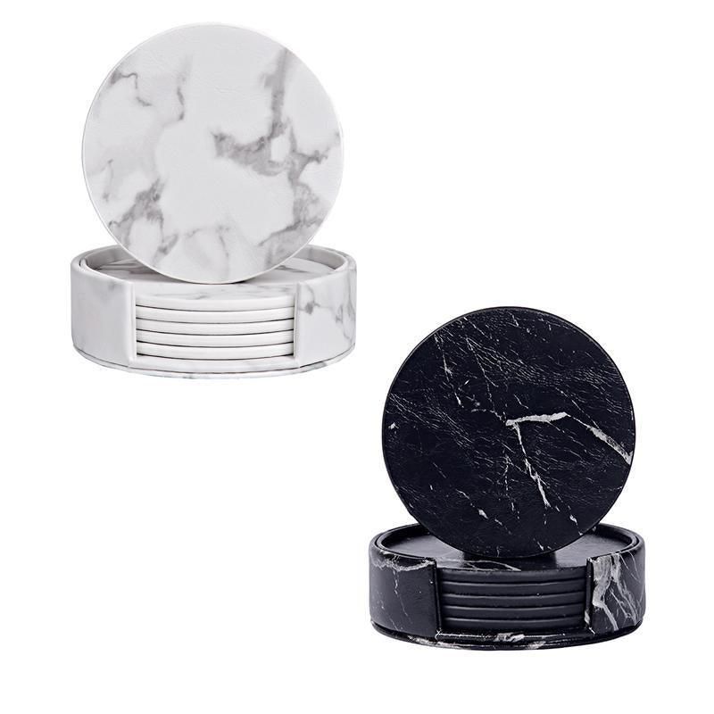 6x Coasters with Holder Marble Texture Round Cup Mat Pad Set For Drinks - Marble Black