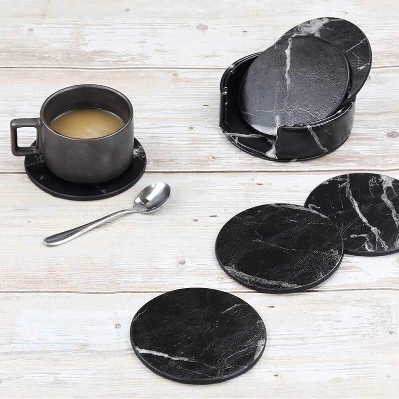 6x Coasters with Holder Marble Texture Round Cup Mat Pad Set For Drinks - Marble Black