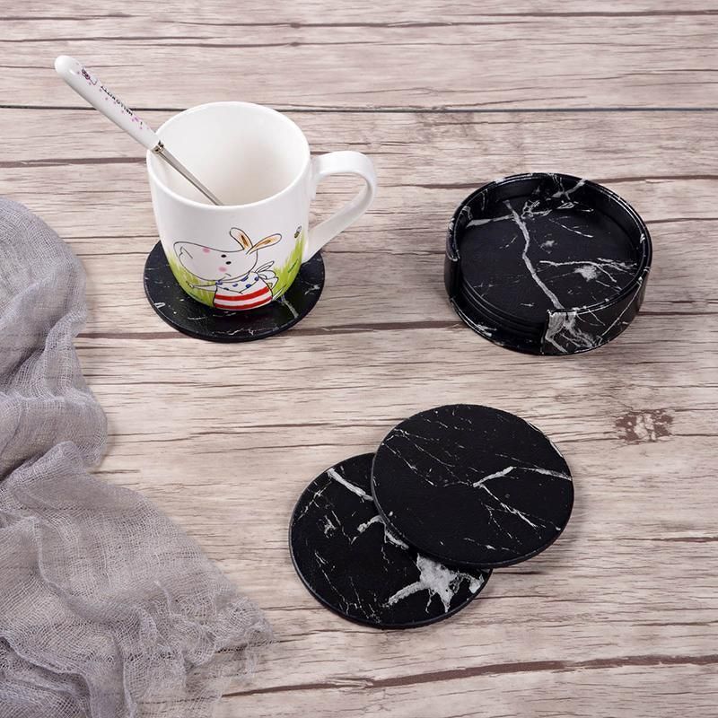 6x Coasters with Holder Marble Texture Round Cup Mat Pad Set For Drinks - Marble Black
