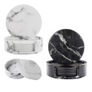 6x Coasters with Holder Marble Texture Round Cup Mat Pad Set For Drinks - Marble Black