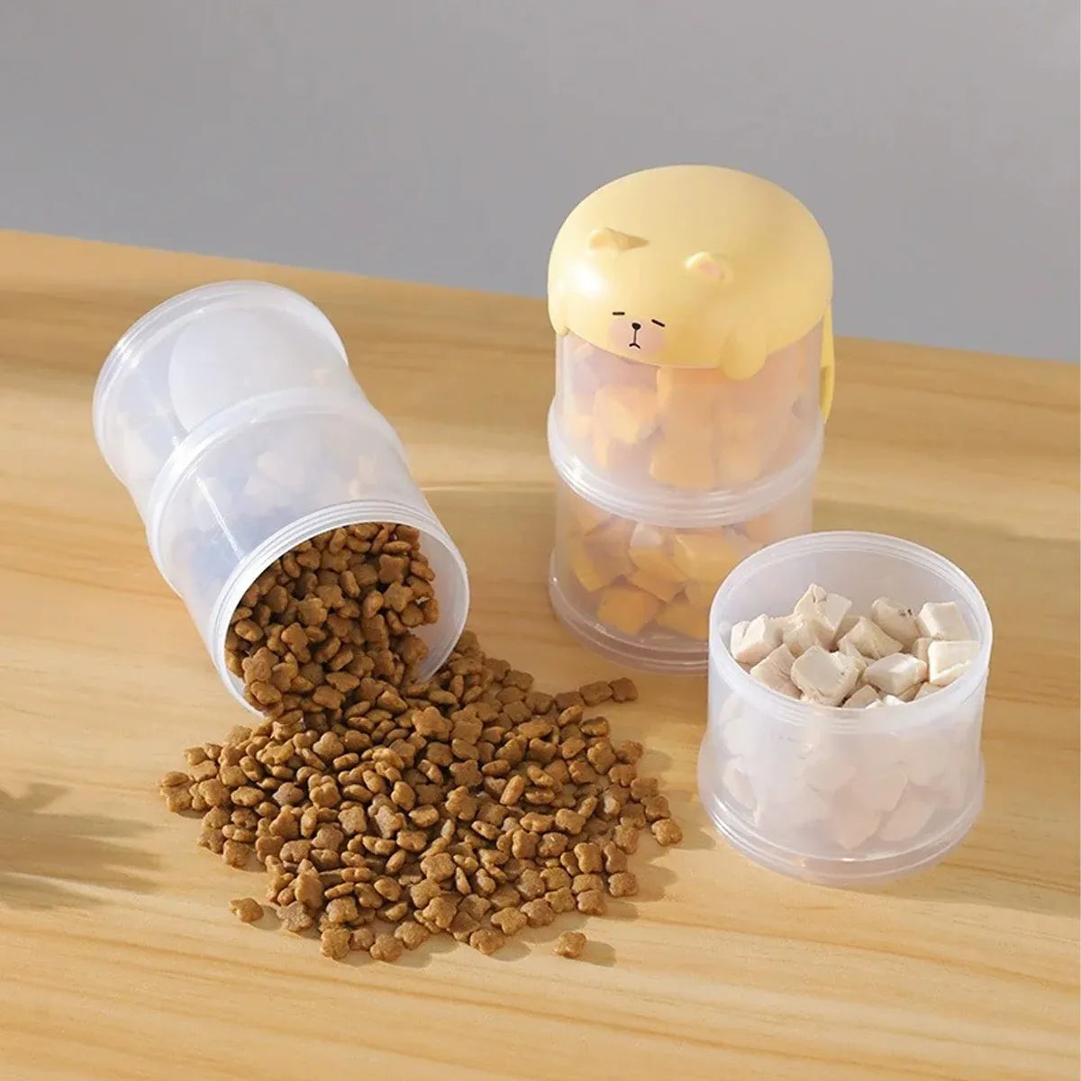 3-Tier Portable Pet Food Storage Container - Stackable Snack Bucket Bear Lid - Yellow