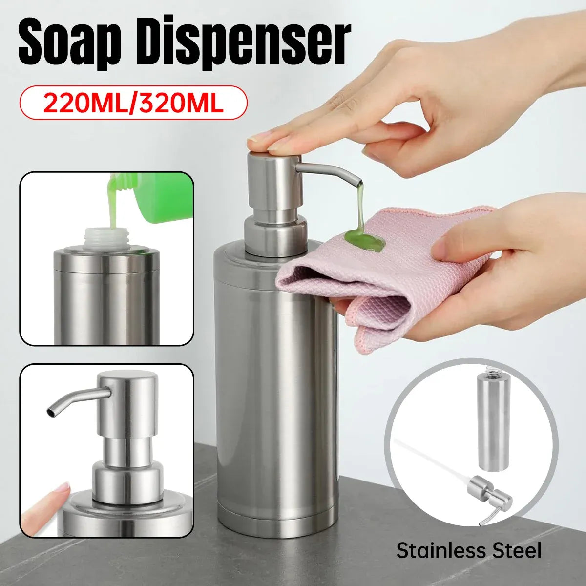 220/320ml Stainless Steel Press Type Oil Sprayer Soap Dispenser Durable - 320ml