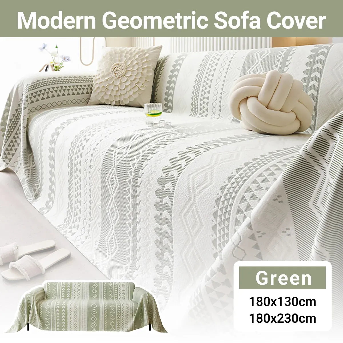 Sofa Cover Modern Geometric Green Breathable Soft for Living Room - 180 x 230cm
