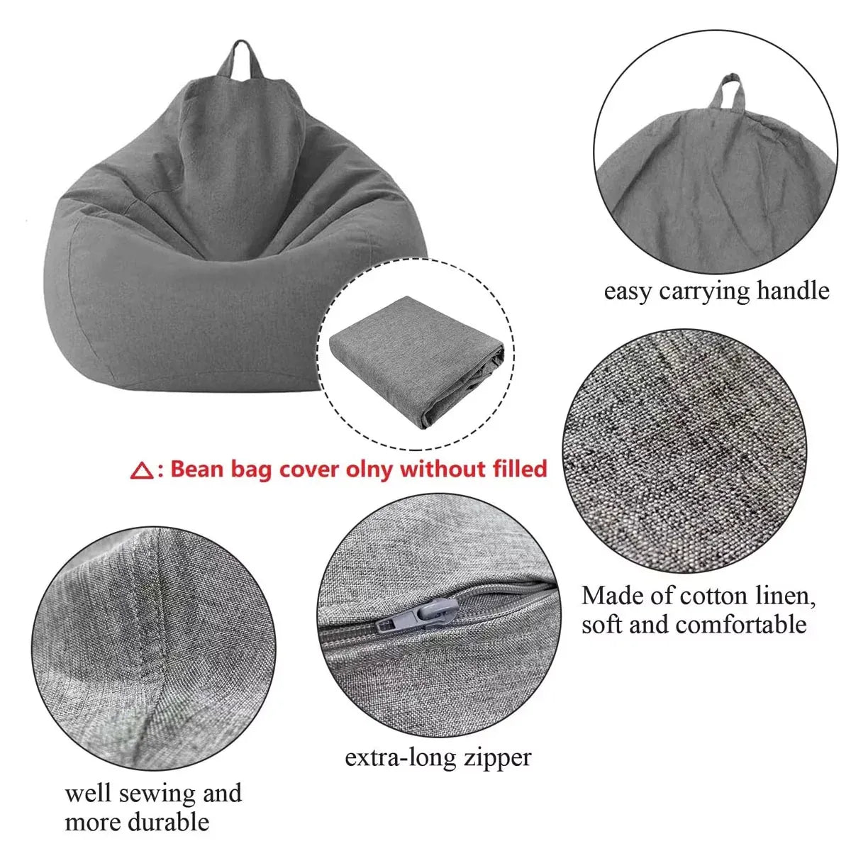 Large Bean Bag Chair Sofa Cover in Grey with Durable Fabric 120×100cm