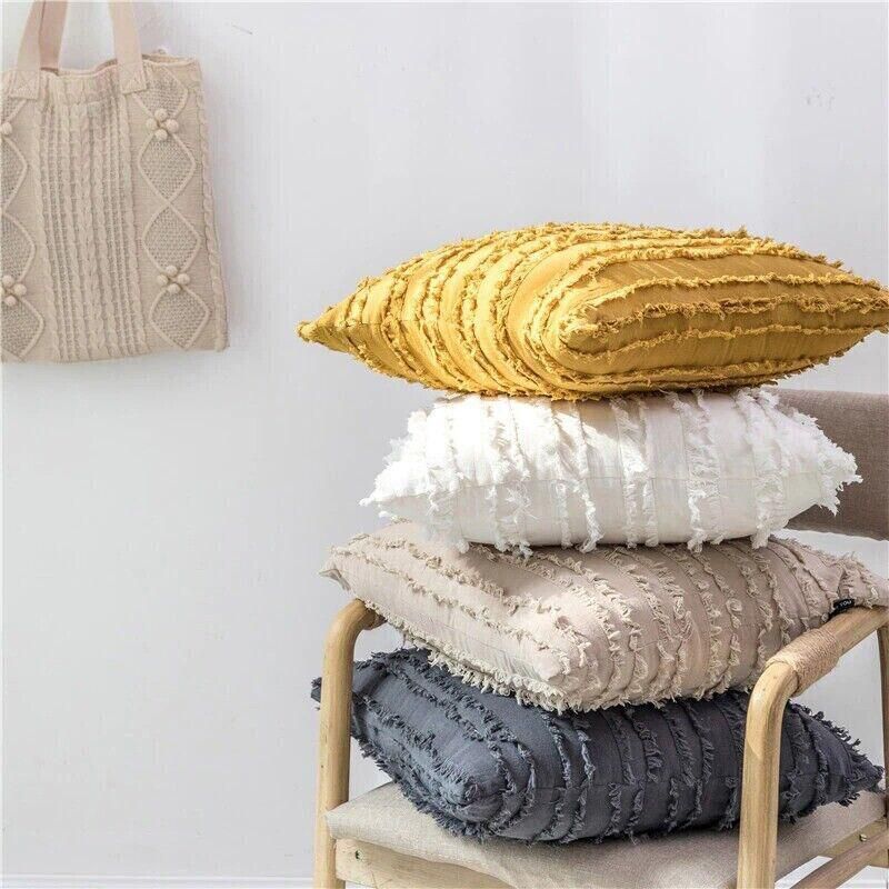Boho Tassel Fringe Striped Cushion Cover Soft Home Decor Sofa Throw Pillow Case - Navy
