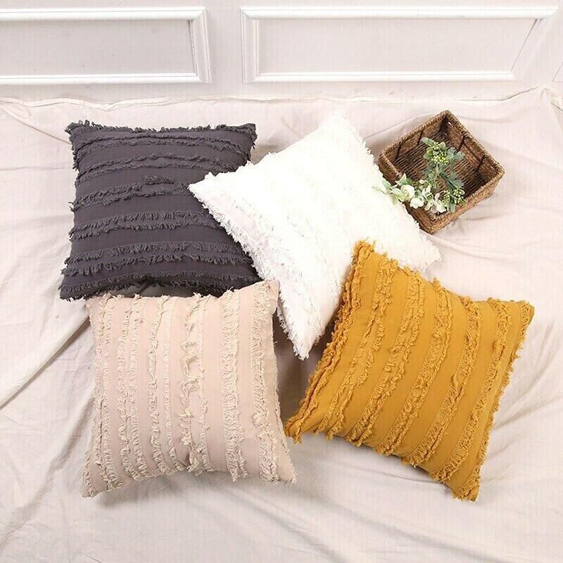 Boho Tassel Fringe Striped Cushion Cover Soft Home Decor Sofa Throw Pillow Case - Navy