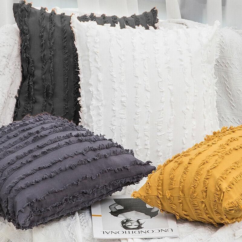 Boho Tassel Fringe Striped Cushion Cover Soft Home Decor Sofa Throw Pillow Case - Navy
