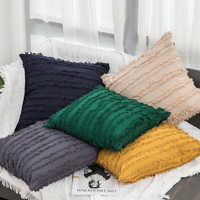 Boho Tassel Fringe Striped Cushion Cover Soft Home Decor Sofa Throw Pillow Case - Navy