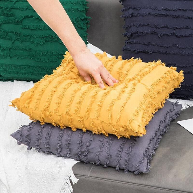 Boho Tassel Fringe Striped Cushion Cover Soft Home Decor Sofa Throw Pillow Case - Navy