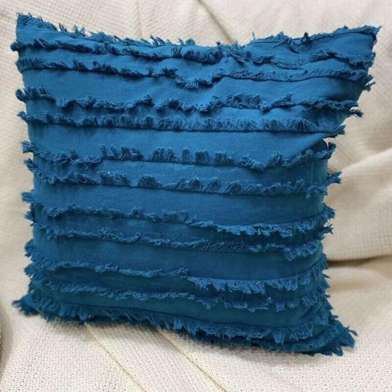 Boho Tassel Fringe Striped Cushion Cover Soft Home Decor Sofa Throw Pillow Case - Navy