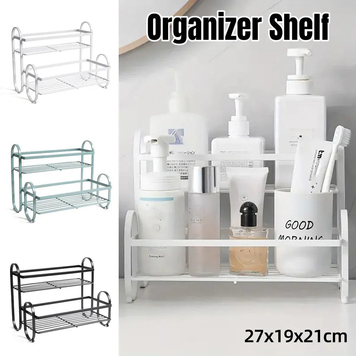 Iron Double Storage Shelf Organiser Durable Metal Rack for Kitchen Bathroom Use - Green