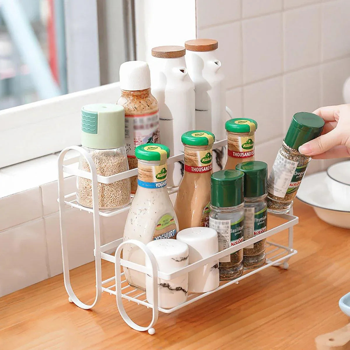 Iron Double Storage Shelf Organiser Durable Metal Rack for Kitchen Bathroom Use - White