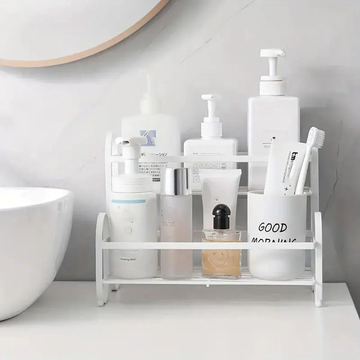 Iron Double Storage Shelf Organiser Durable Metal Rack for Kitchen Bathroom Use - White