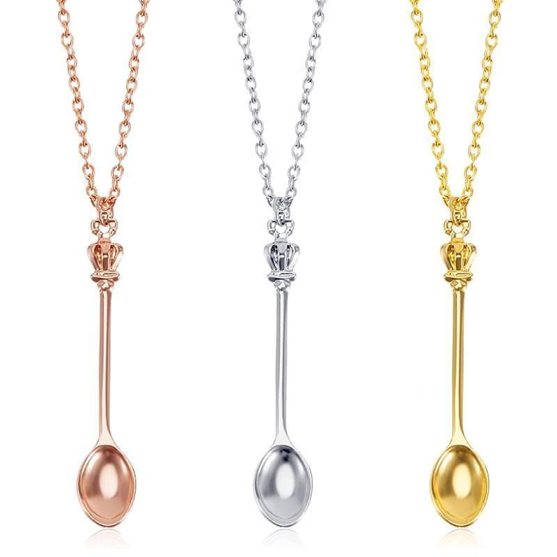 Mini Crown Spoon Necklace Pendant Charm Festival Cutlery Tea Party Gift - Silver