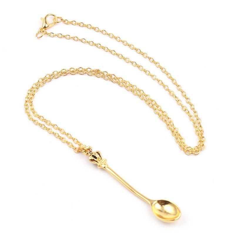 Mini Crown Spoon Necklace Pendant Charm Festival Cutlery Tea Party Gift - Silver