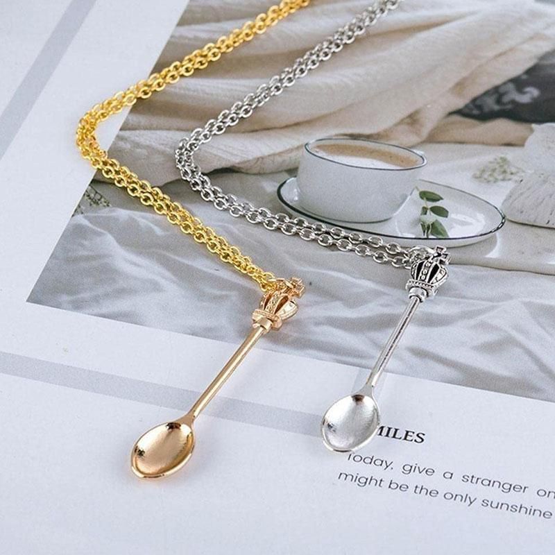 Mini Crown Spoon Necklace Pendant Charm Festival Cutlery Tea Party Gift - Silver