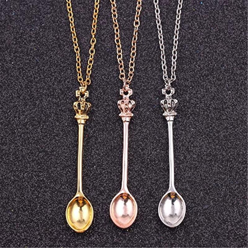 Mini Crown Spoon Necklace Pendant Charm Festival Cutlery Tea Party Gift - Silver
