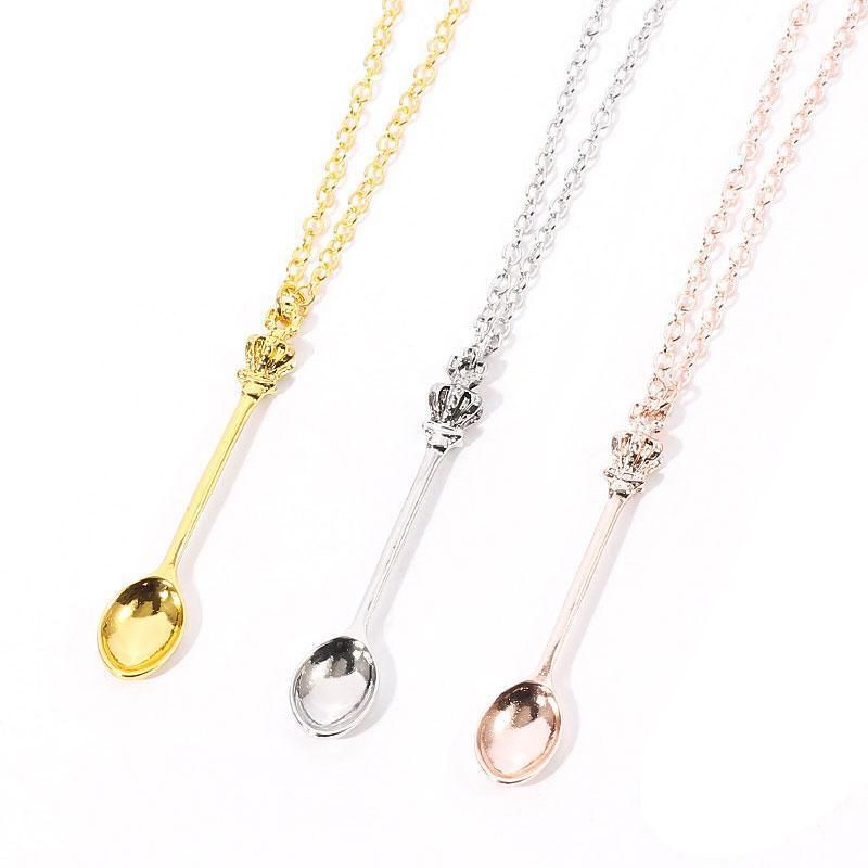 Mini Crown Spoon Necklace Pendant Charm Festival Cutlery Tea Party Gift - Silver