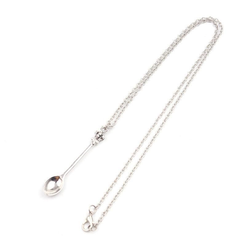 Mini Crown Spoon Necklace Pendant Charm Festival Cutlery Tea Party Gift - Silver