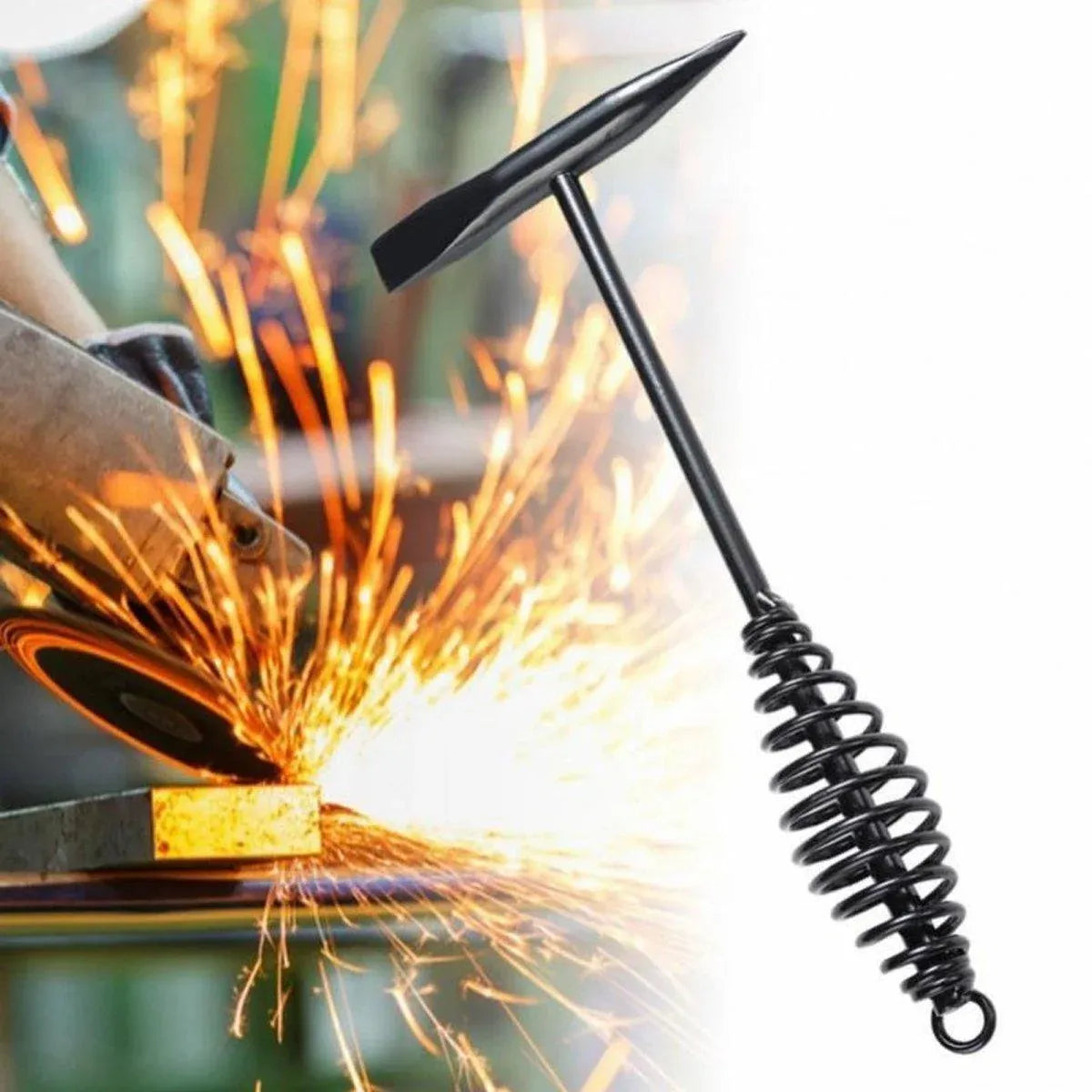 Welding Chipping Hammer Spring Handle Hold Heart Cleaning Harden DIY Metal Black - 670g