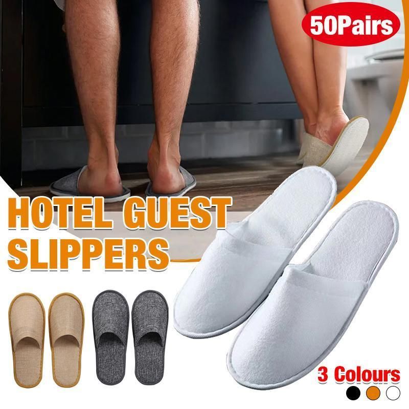 50 Pairs SPA Hotel Guest Slippers Closed Toe Disposable Terry Style Linen - White