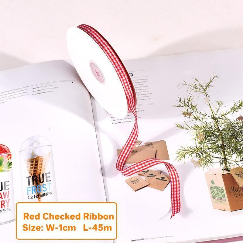10PCS Bouquet Decor Wrapping Yarn Band Packaging Wave Organza Ribbon 9/10/45m - Red checkered ribbon