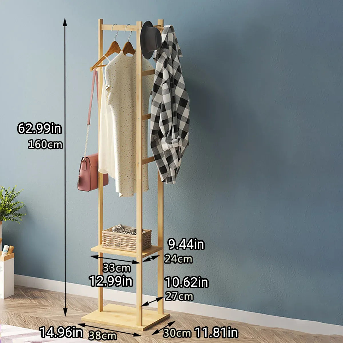 Wooden Rack Freestanding Clothes Hanger Storage Stand Multifunctional Organizer