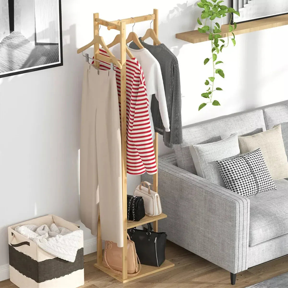Wooden Rack Freestanding Clothes Hanger Storage Stand Multifunctional Organizer