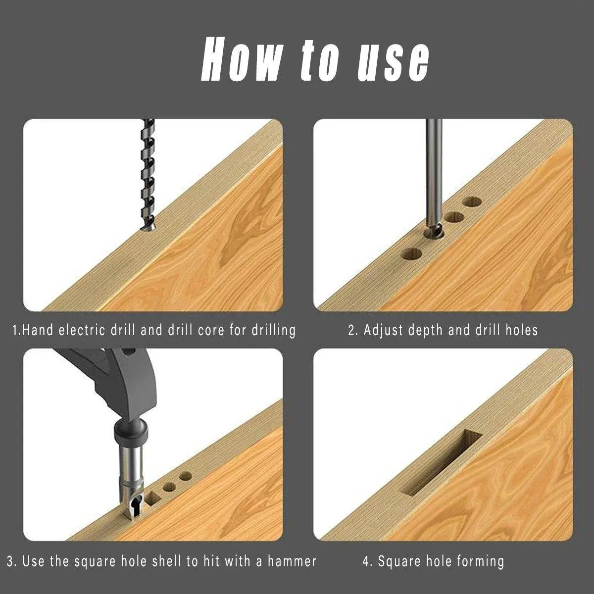 3x Square Hole Mortising Chisel Drill Bit Woodworking Saw Tools for Drilling