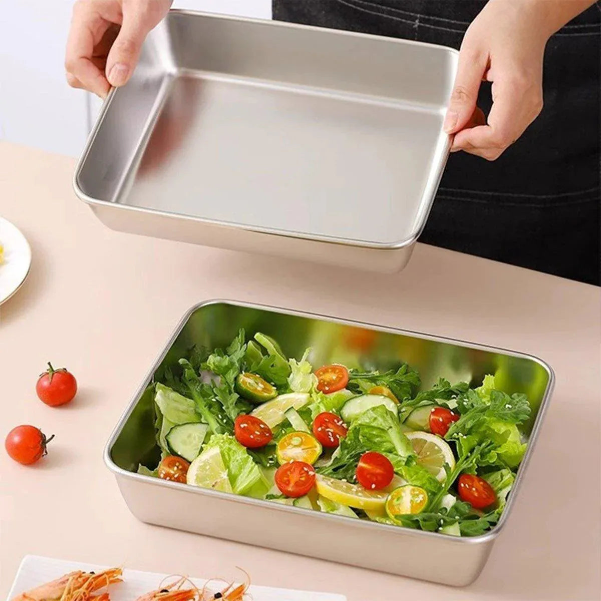 2PCS Stainless Steel Square Food Tray With Lid Rectangular Storage Box Plate