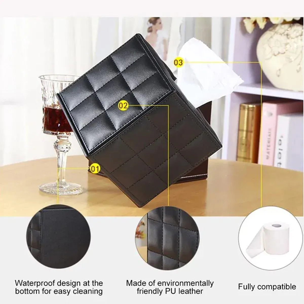 Luxury Leather Square Tissue Box Living Room Hotel Roll Paper Tube Holder - Black