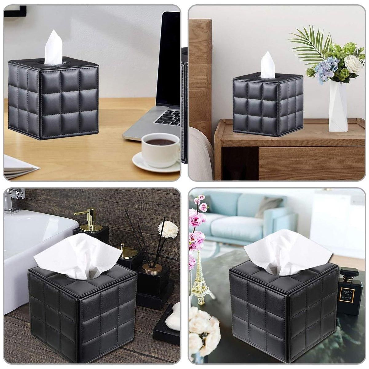 Luxury Leather Square Tissue Box Living Room Hotel Roll Paper Tube Holder - Black