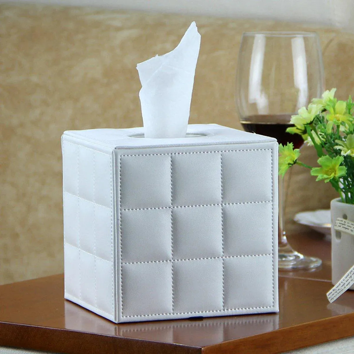 Luxury Leather Square Tissue Box Living Room Hotel Roll Paper Tube Holder - Black