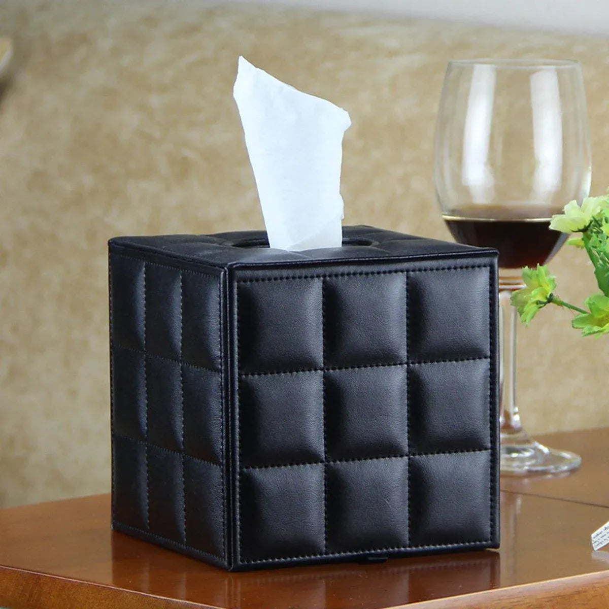Luxury Leather Square Tissue Box Living Room Hotel Roll Paper Tube Holder - Black