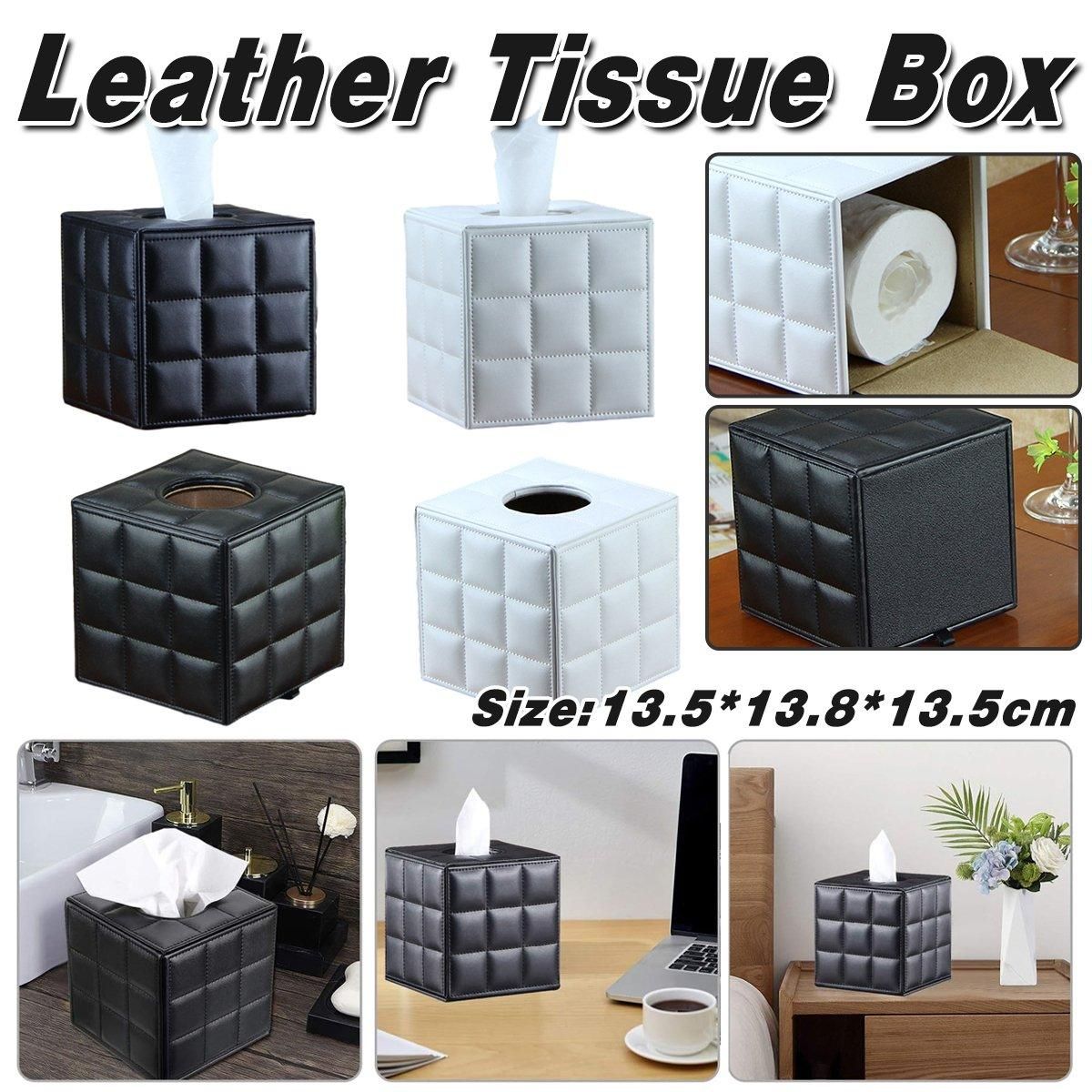 Luxury Leather Square Tissue Box Living Room Hotel Roll Paper Tube Holder - Black