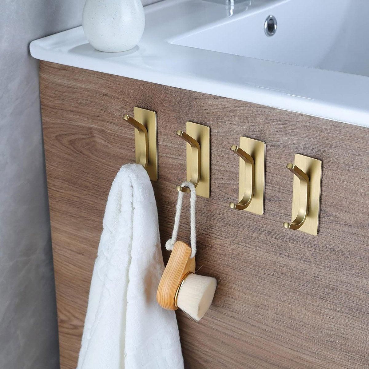 4pcs Stainless Steel Adhesive Hook Towel Hook Bathroom Kitchen Door Coat Hook - Gold