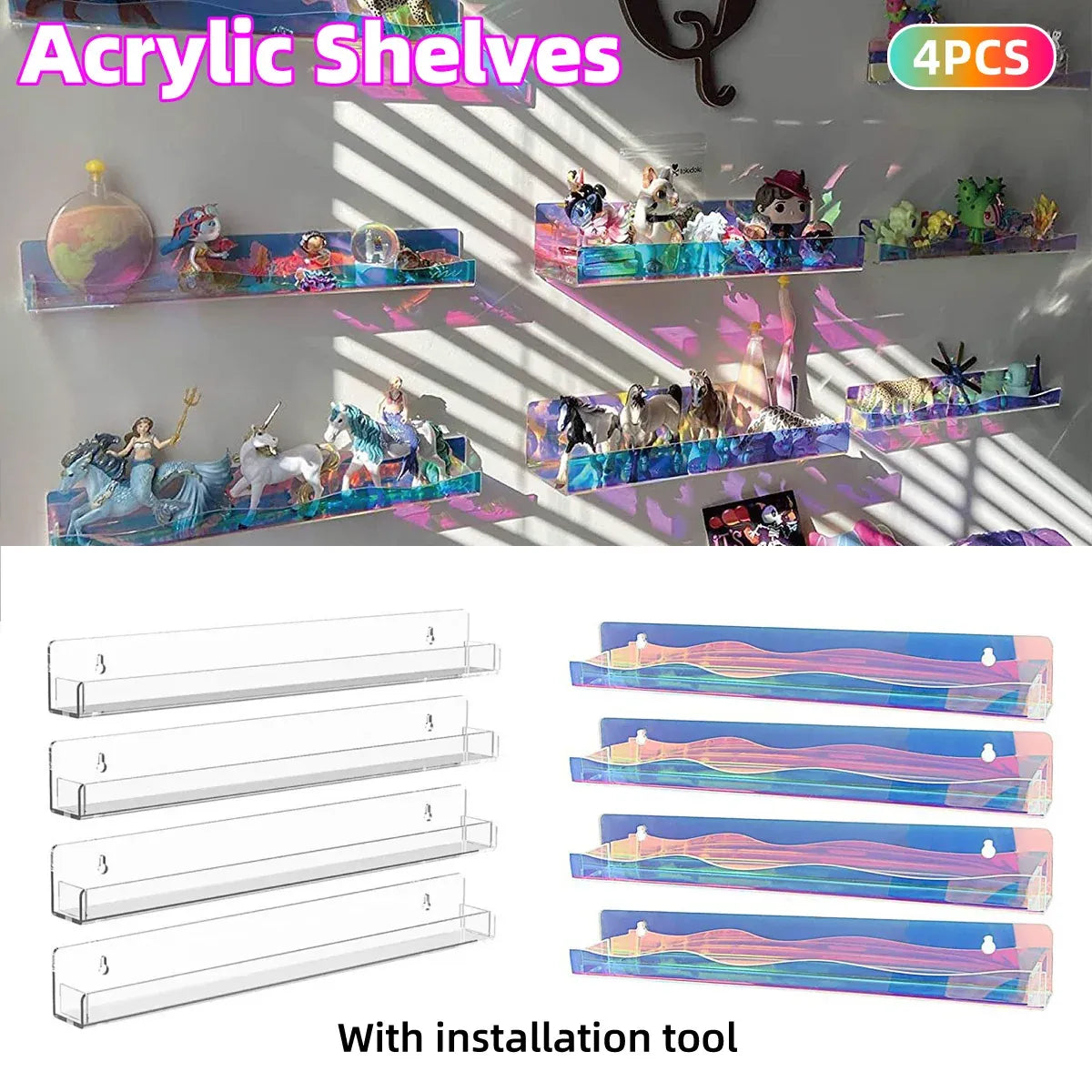 Acrylic Wall Shelves Set 4PCS Floating Display Storage Racks Clear for Home Use - Colorful