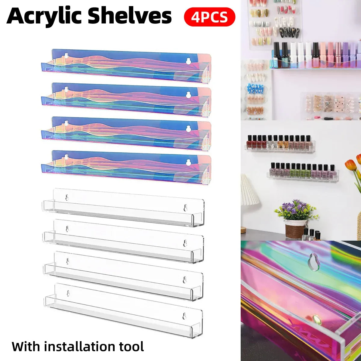 Acrylic Wall Shelves Set 4PCS Floating Display Storage Racks Clear for Home Use - Colorful