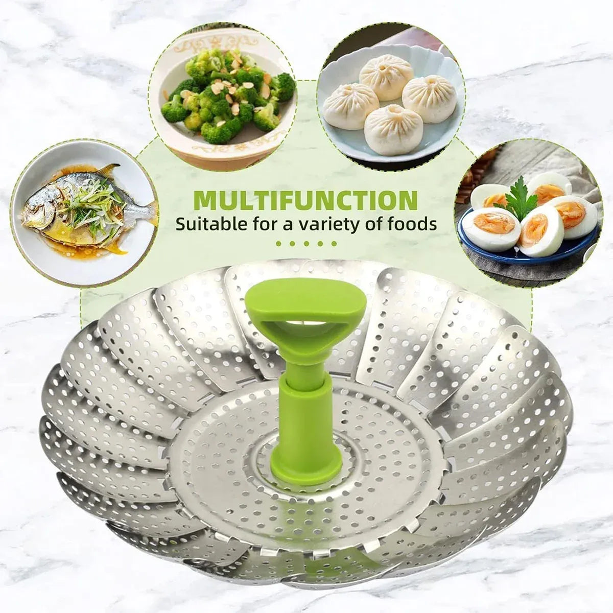 Folding Stainless Steel Steamer Basket Expandable Safe Durable Easy To Use - 9in
