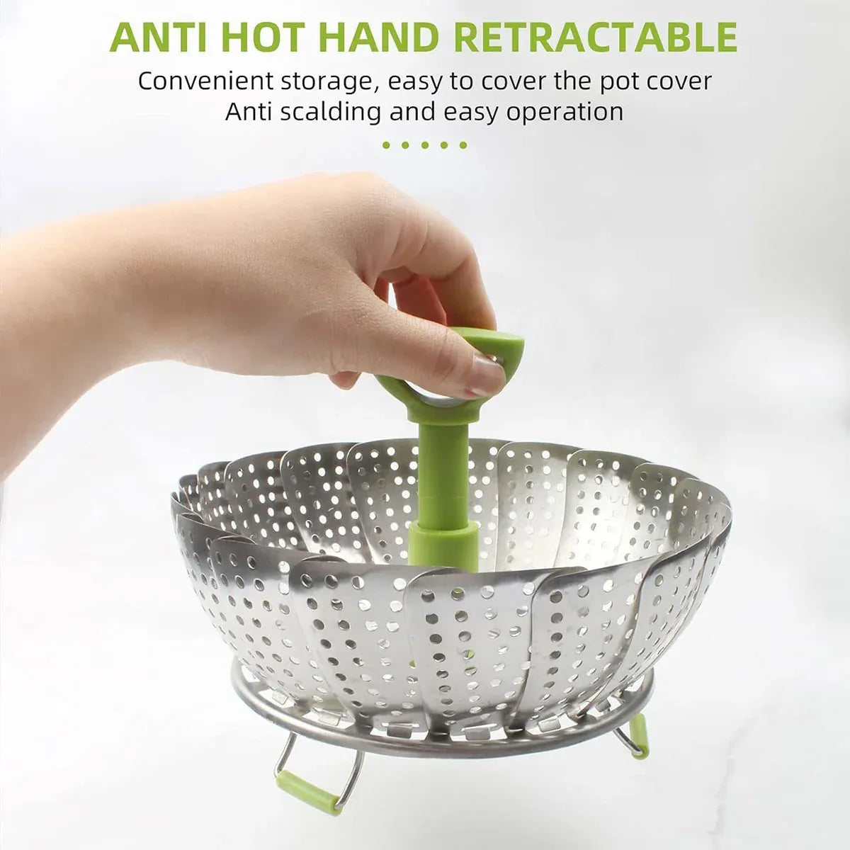 Folding Stainless Steel Steamer Basket Expandable Safe Durable Easy To Use - 9in