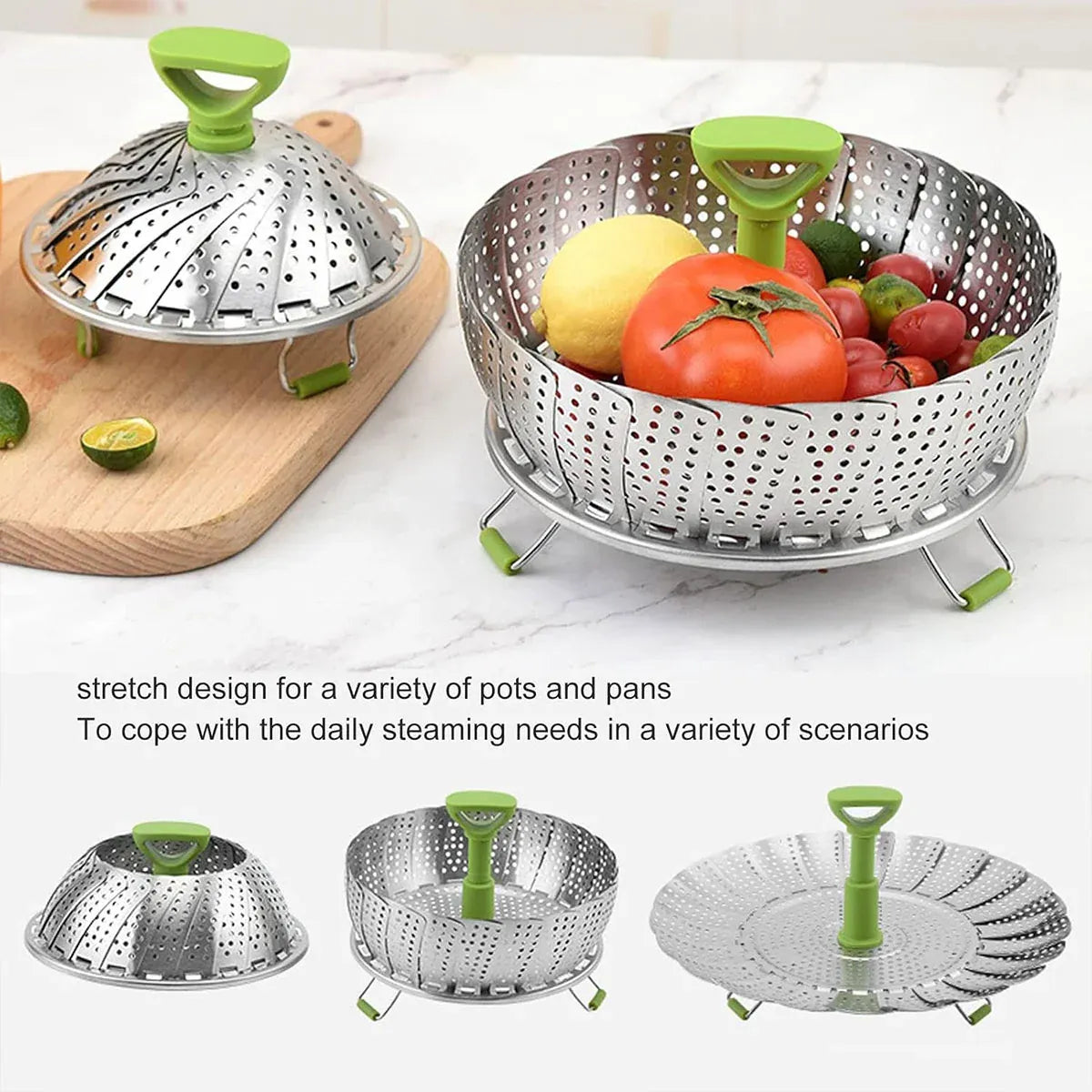 Folding Stainless Steel Steamer Basket Expandable Safe Durable Easy To Use - 9in