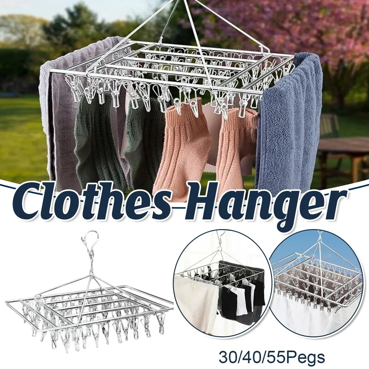 30/40/55 Pegs Stainless Steel Laundry Sock Underwear Clothes Dryer Rack Hanger - 55Pegs