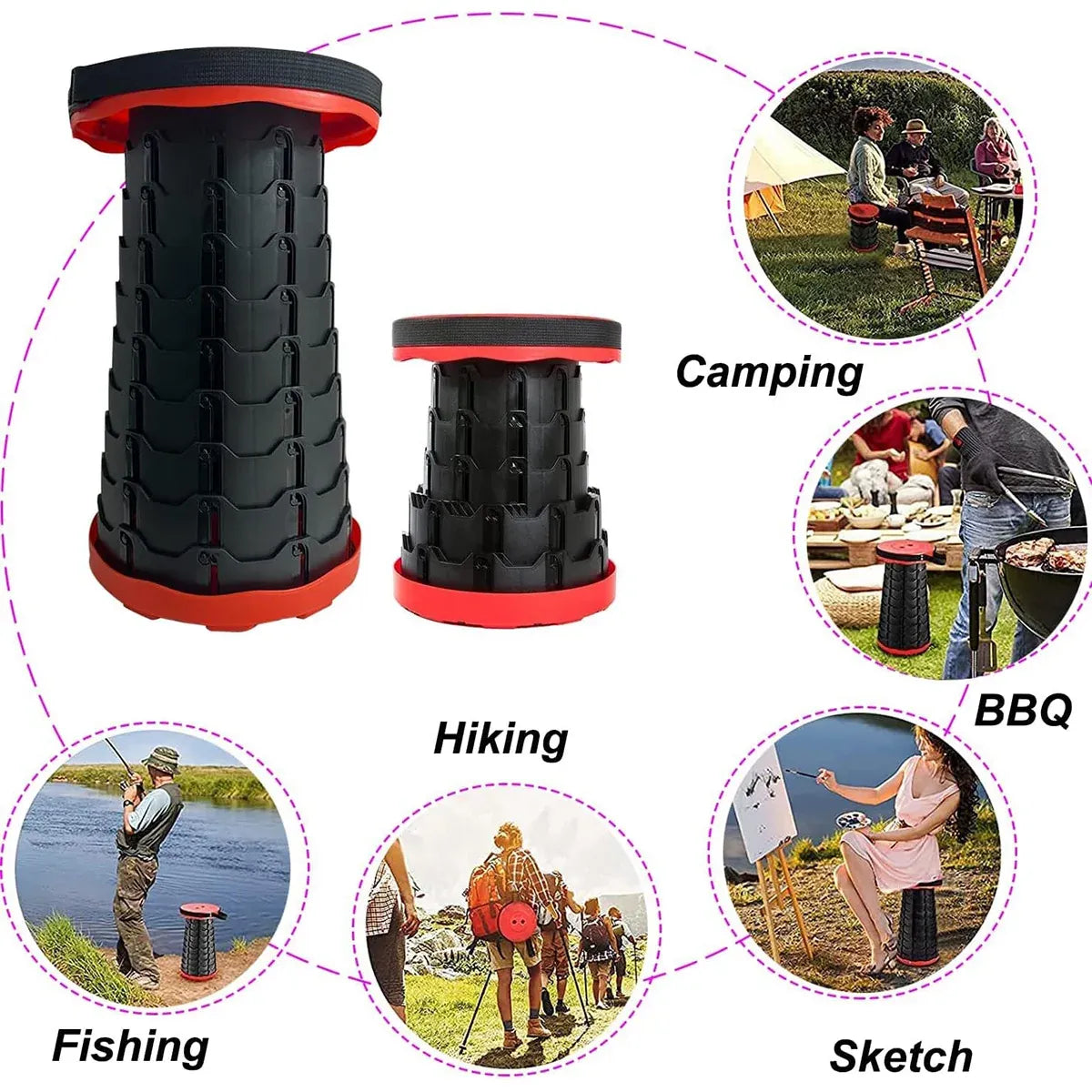 Portable Telescopic Folding Stool Travel Outdoor Seat Compact Retractable Chair - Orange