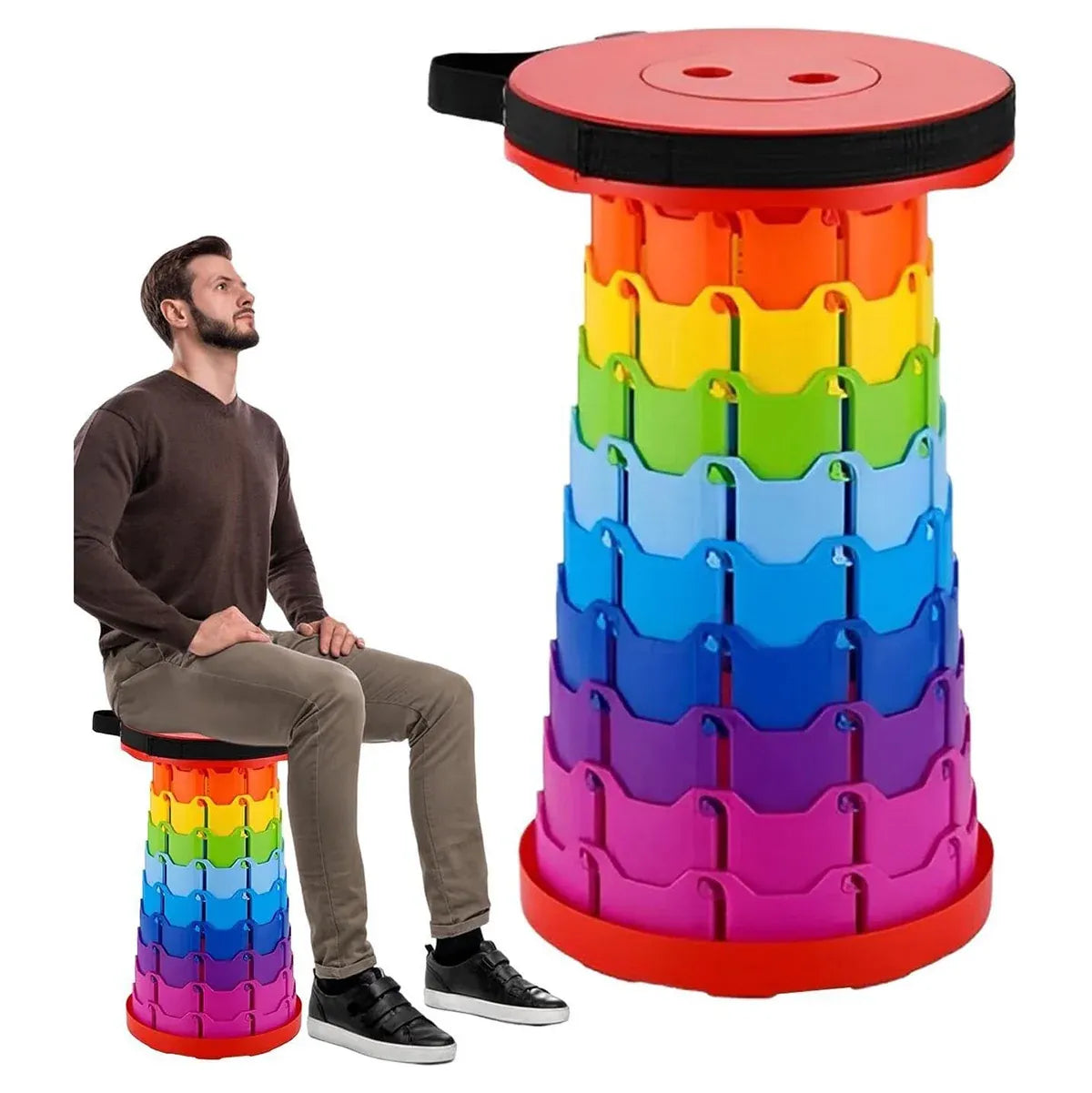 Rainbow Telescopic Folding Stool Thickened Travel Outdoor Seat for Camping - Red