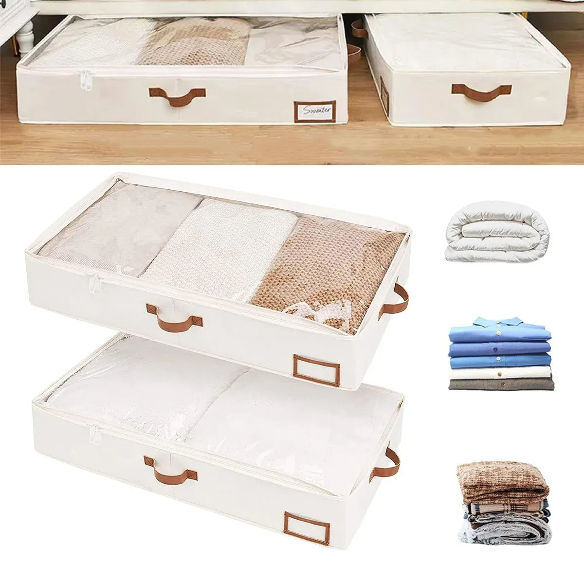Under Bed Storage Bag 2PCS Foldable Wardrobe Clothes Quilt Organiser 80x45x15cm