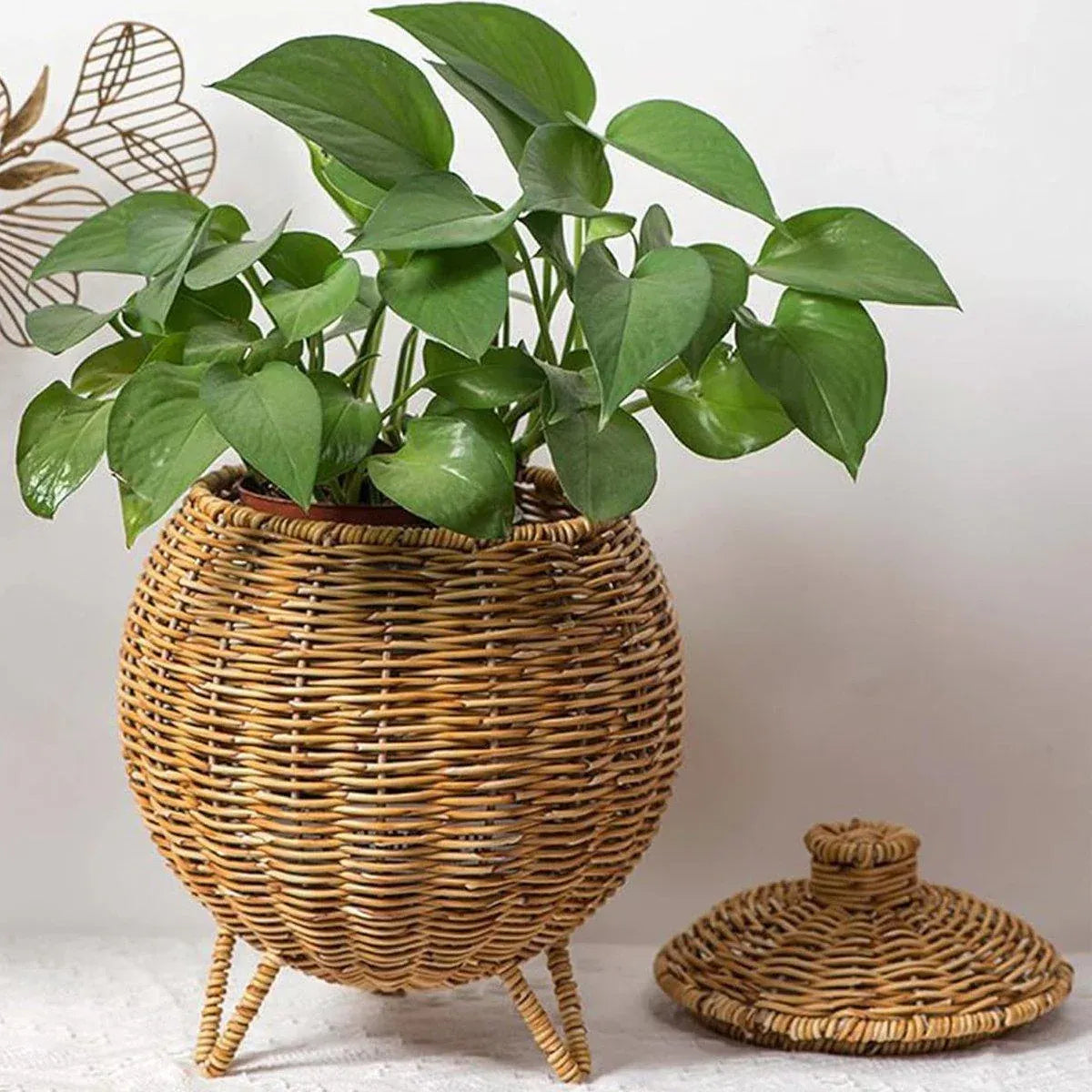 Hand Woven Storage Container with Lid Tabletop Basket Sundries Holder Organizer - Without Legs